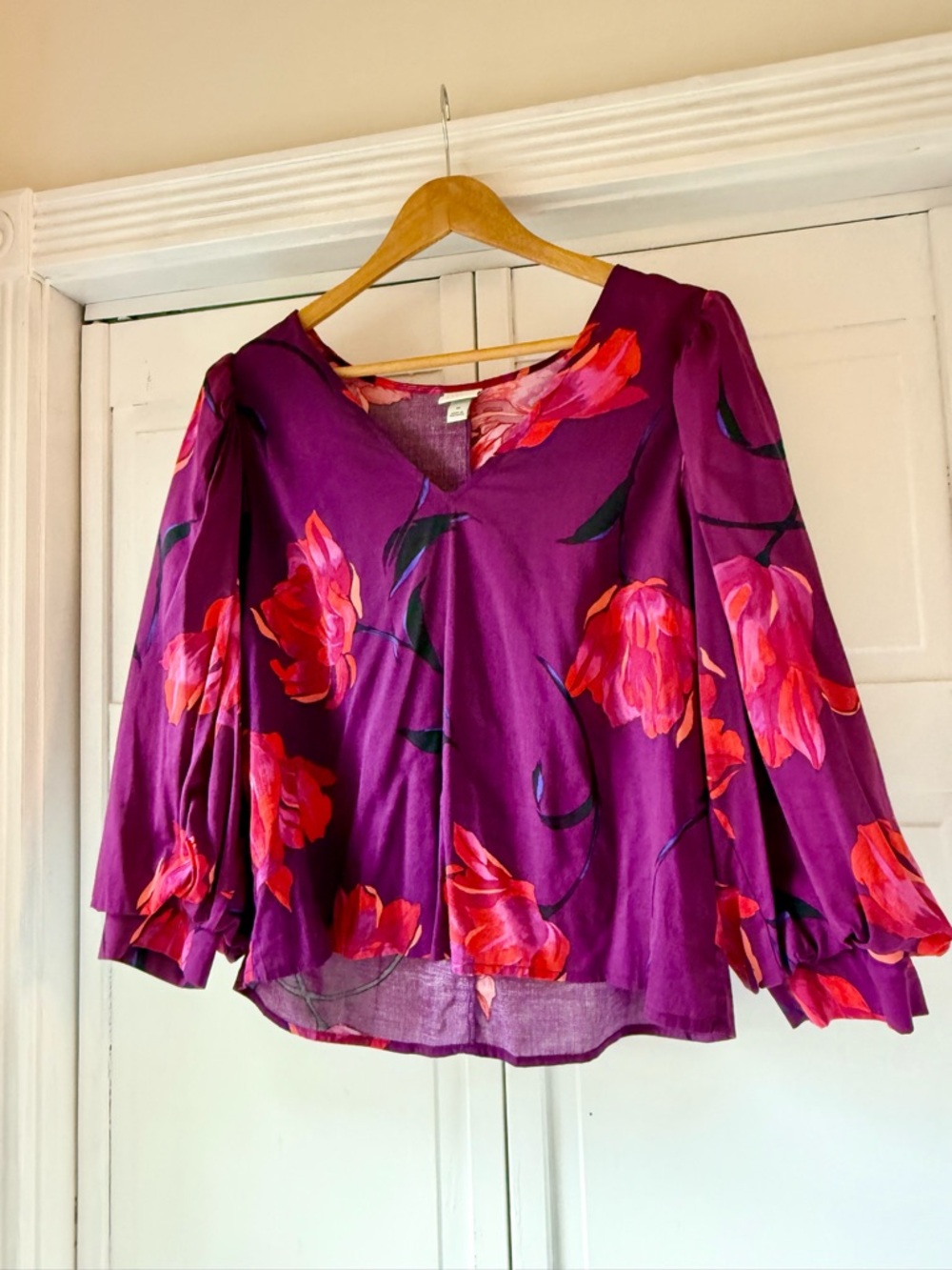 a new day Purple V-Neck Blouse with Red Floral Print